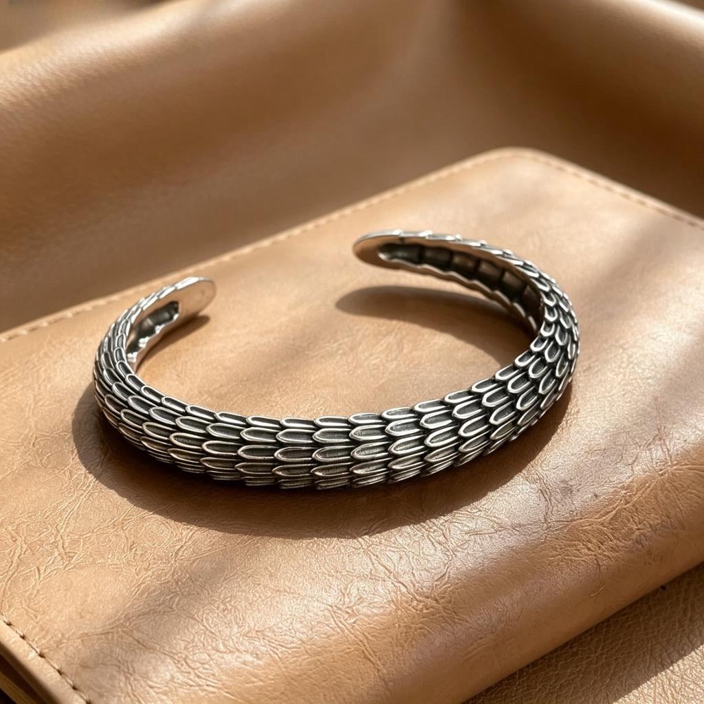 1pc 925 Silver Plated Personalized Dragon Scale Pattern Bracelet, Trendy and Retro Wristband