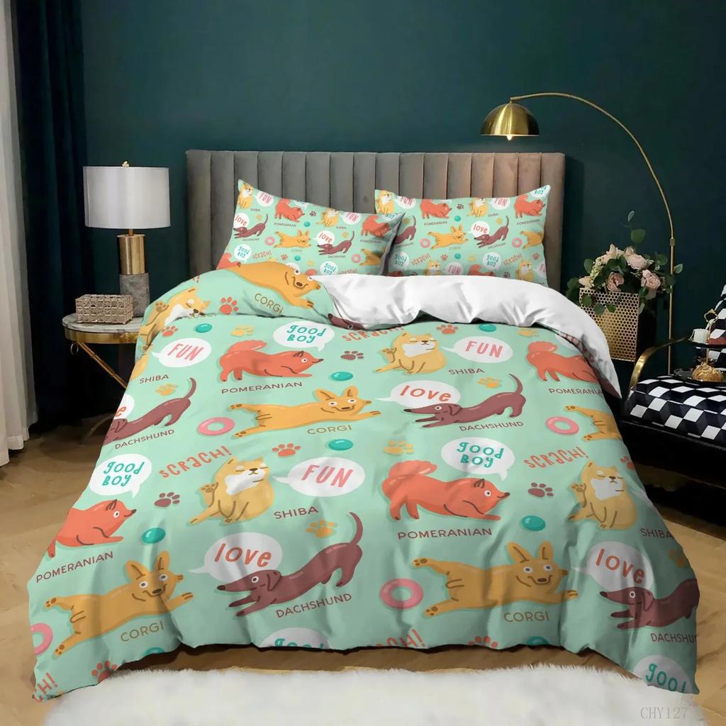 Cute Dogs Bedding Set For Kids Adults Cartoon Corgis Dog Design Duvet Cover Pillowcase Bed Linen Kawaii Style Single Double Size