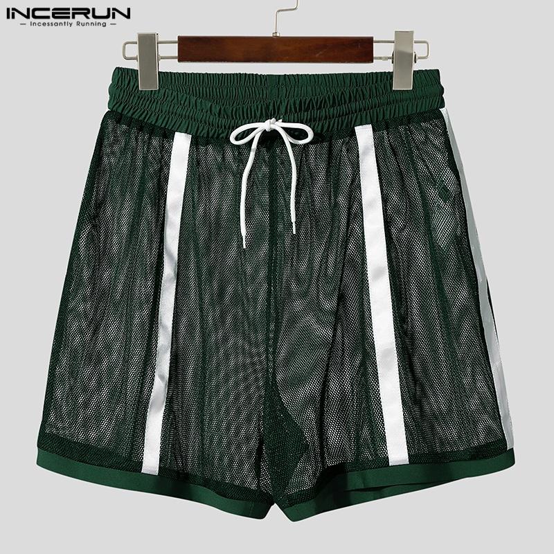 INCERUN Men Elastic Waist Mesh Sheer Stitching Beach Mini Pants Shorts Home Wear
