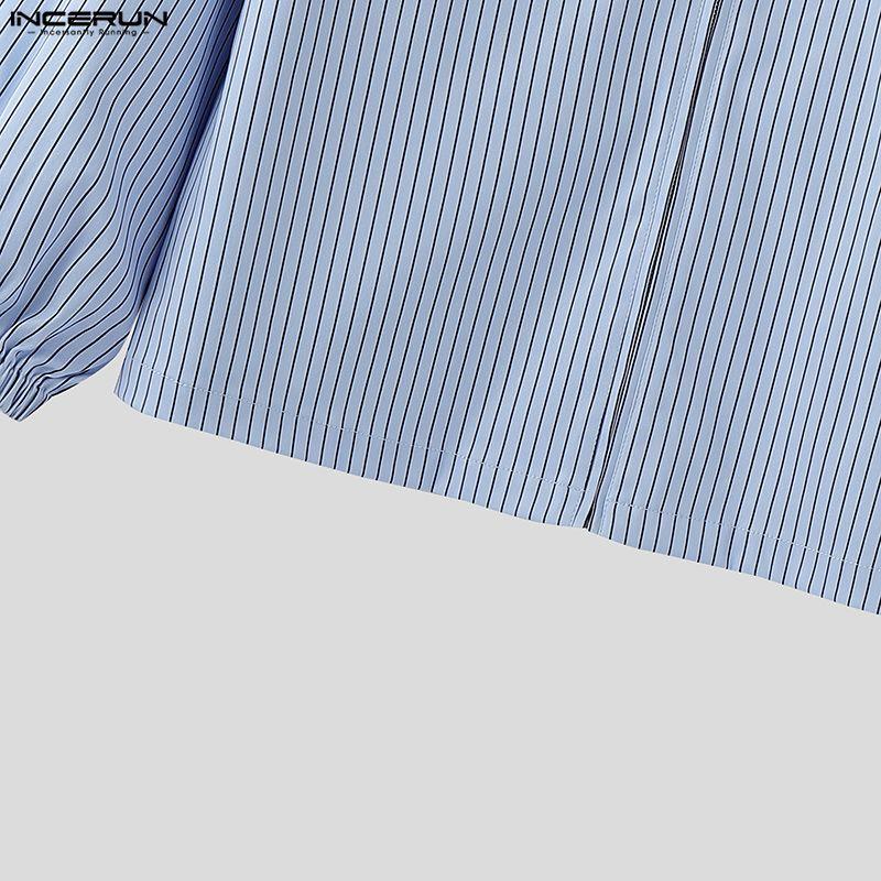 INCERUN Oversized Men Long Sleeve Striped Print Shirts Casual Loose Button Tops