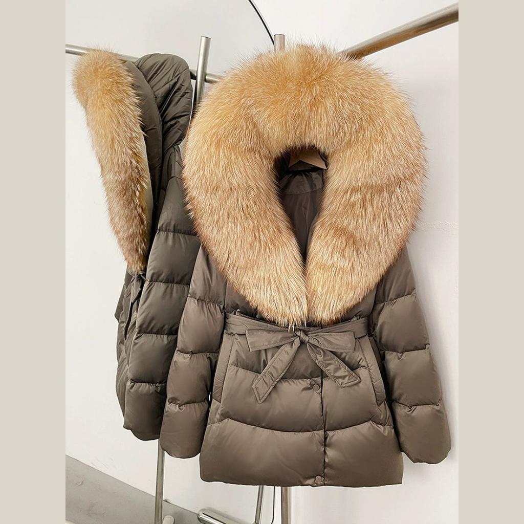 Winter Fox Big Fur Collar High-end Thickened Down Jacket Women's Mid-length Waist Imitation Leather Jacket