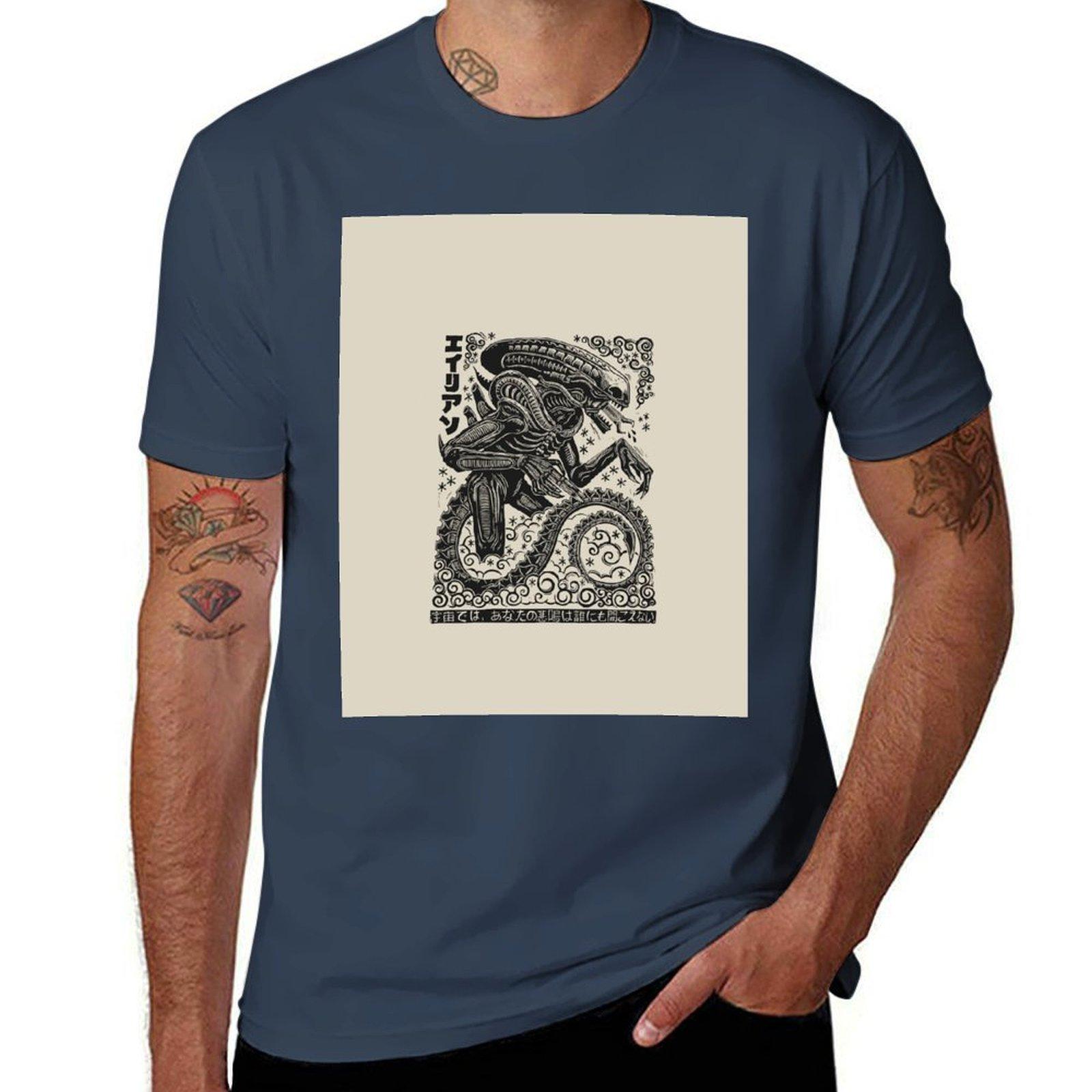 Linocut Xenomorph TShirt Soft Basic Cotton Short Sleeve Tee S