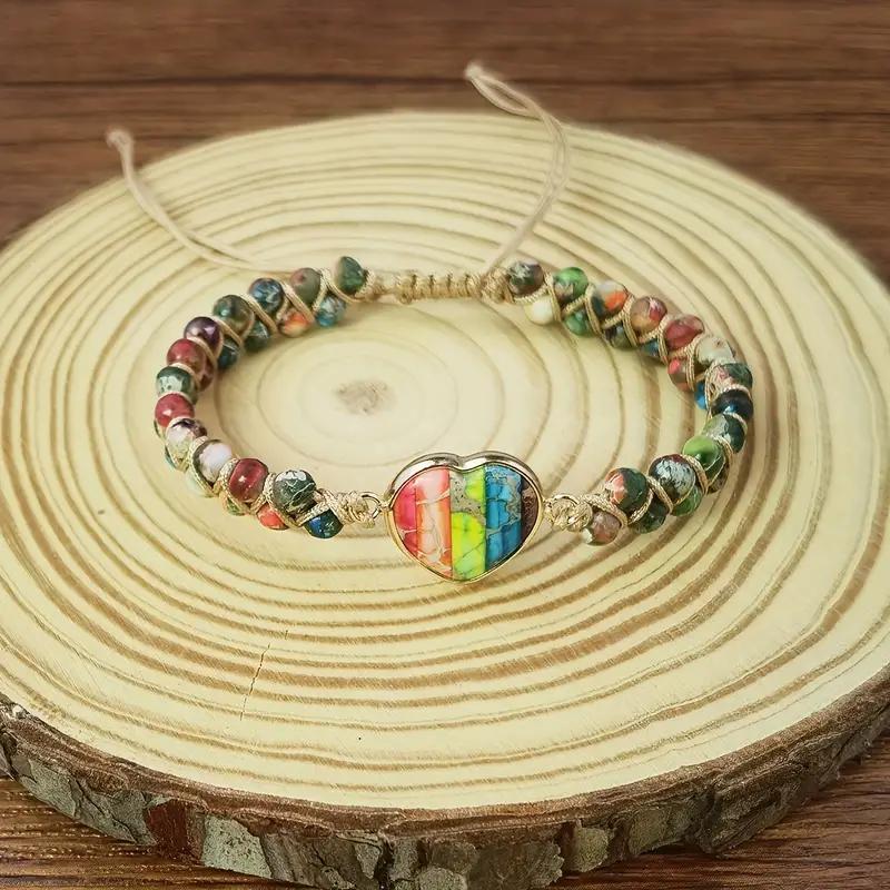 Boho-Chic Adjustable Heart Chakra Bracelet with Colorful Natural Stones Women's Fashion Accessory