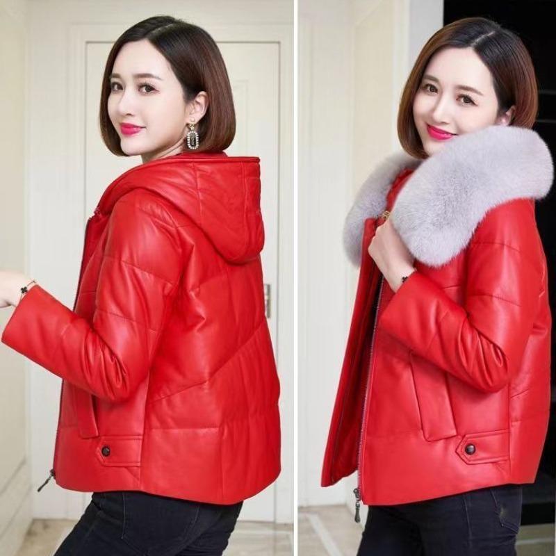 

Leather jacket women s short new down cotton-padded jacket imitation fox fur collar hooded with cotton fur cotton-padded jacket M