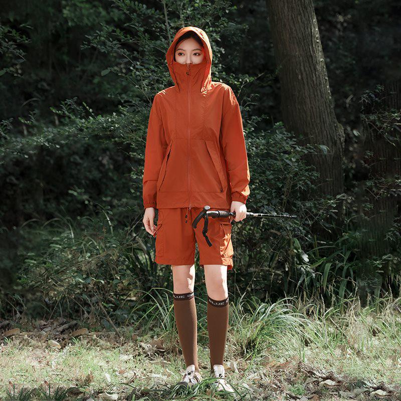 Ultra-thin Summer Couple Set: Hooded Ice Silk Sun Protection Shirt and Breathable Shorts. Medium оранжевый