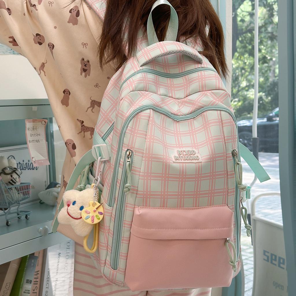 Schoolbag Plaid School Bag Female Students Versatile Small Fresh Junior High School Students Backpack Travel Backpack Tide Large Capacity College