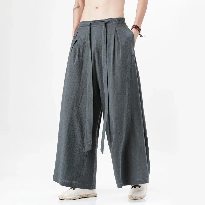Chinese Tang Cotton Linen Trousers Men's Day Kimono Trousers Street Retro Wide Leg Comfortable Kung Fu Martial Arts Trousers