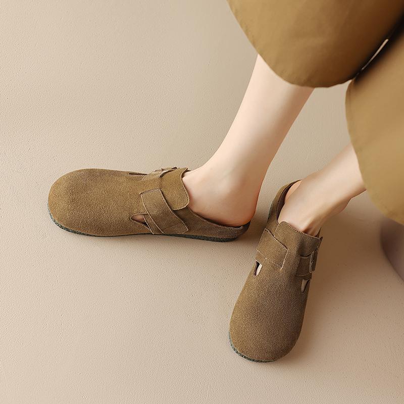 Fashion 2025 New Summer Women Mules Cow Suede Leather Women Shoes Round Toe Cover Toe Slip-on Women Sandals Retro Modern Slippers