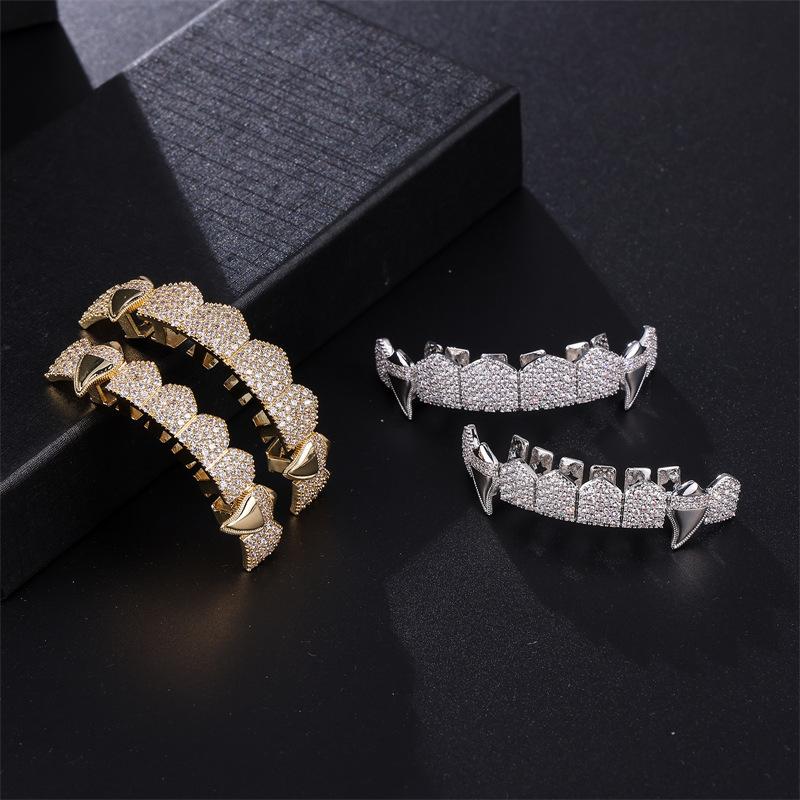 Htpwe Hip Hop Full CZ Stones Teeth Grillz Caps Cubic Zircon Iced Out Micro Pave Top&Bottom Charm Grills For Men Women Zircon