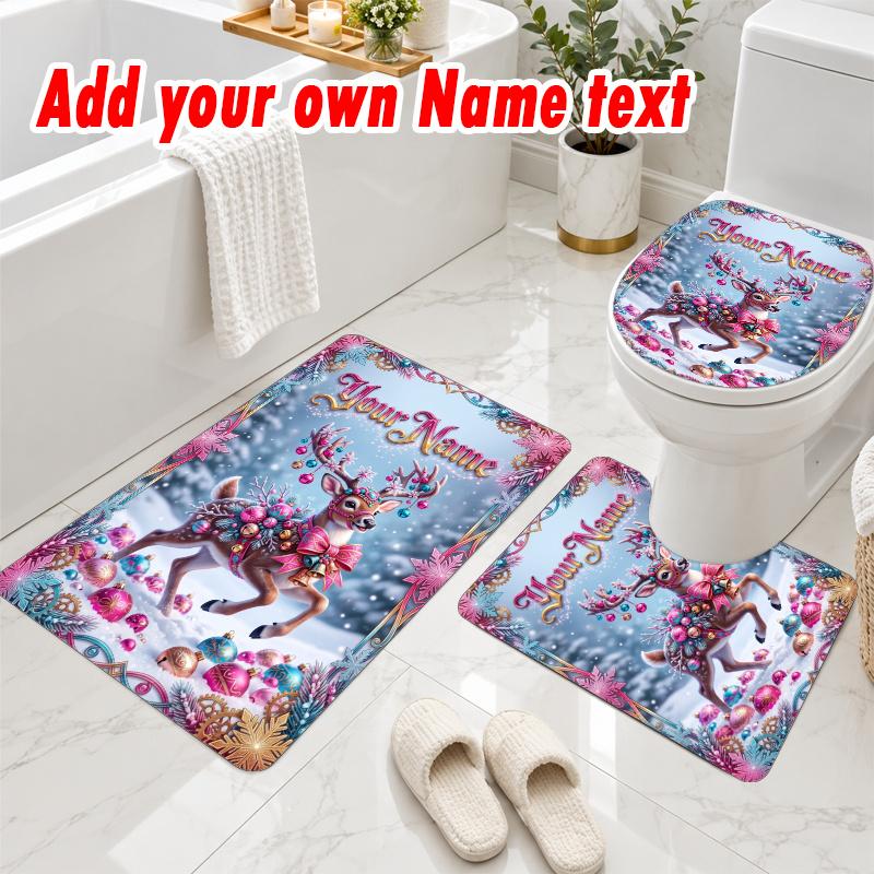 Personalized Christmas 3Pcs Flannel Toilet Mat Set Custom Text Bathroom Rug Non Slip