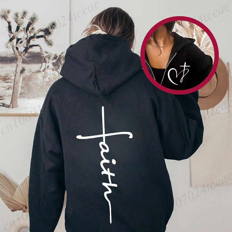 Faith Jesus Heart Cross Print Women Hoody Hoodies Hip Hop Soft Hoodies Casual Fleece Pullovers Fleece Zip Up Woman Sweatshirts