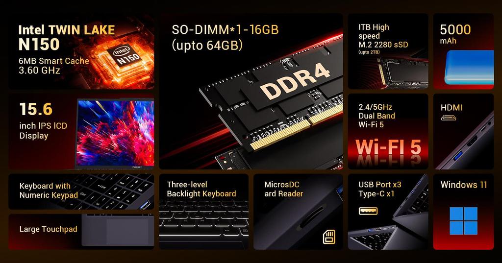 Firebat Laptop AT15 15.6 Inch Intel N150 DDR4 16GB RAM 512GB/1TB SSD 1920*1080 Windows 11 Notebook Backlit Integrated Numpad