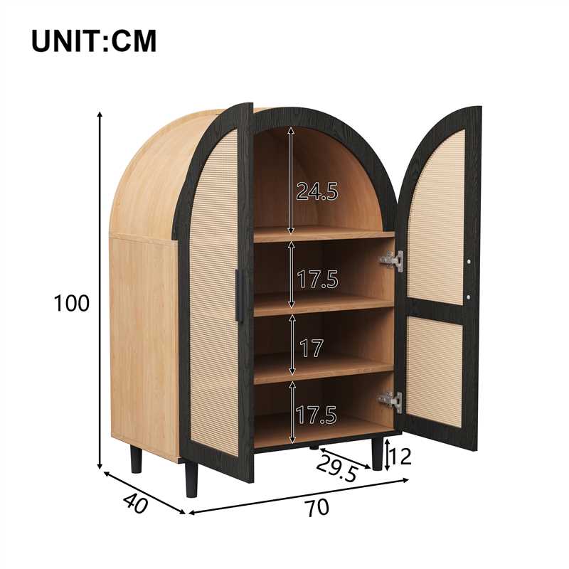 Elegant sideboard/shoe cabinet with rounded exterior, openwork rattan doors and three shelves.