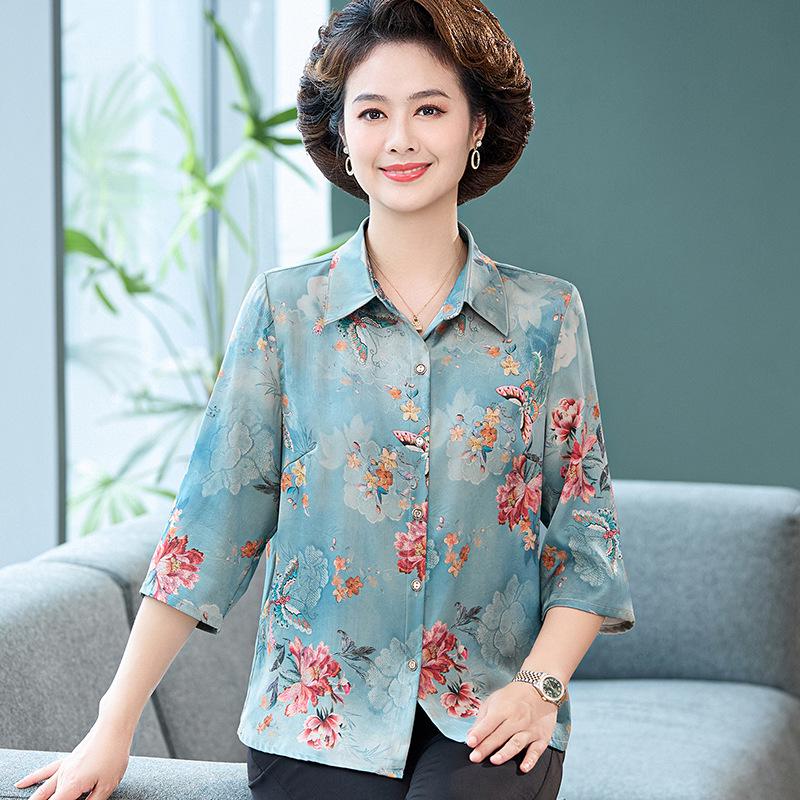 

Women s Silk Maternity Five-Point Sleeve Top - Middle-Aged & Elderly Summer Print XL (100-110 jin) синій