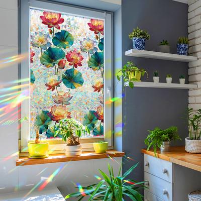 Decoración de Cristal para Baño Flor de Loto y Hoja Iridiscentes Cortadas con Láser Adhesivo Estático