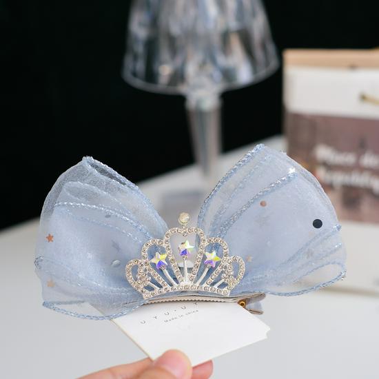 Blue Princess Bow Hair Clip with Crown and Star Snow Gauze for Girls - Large Size Performance Headdress