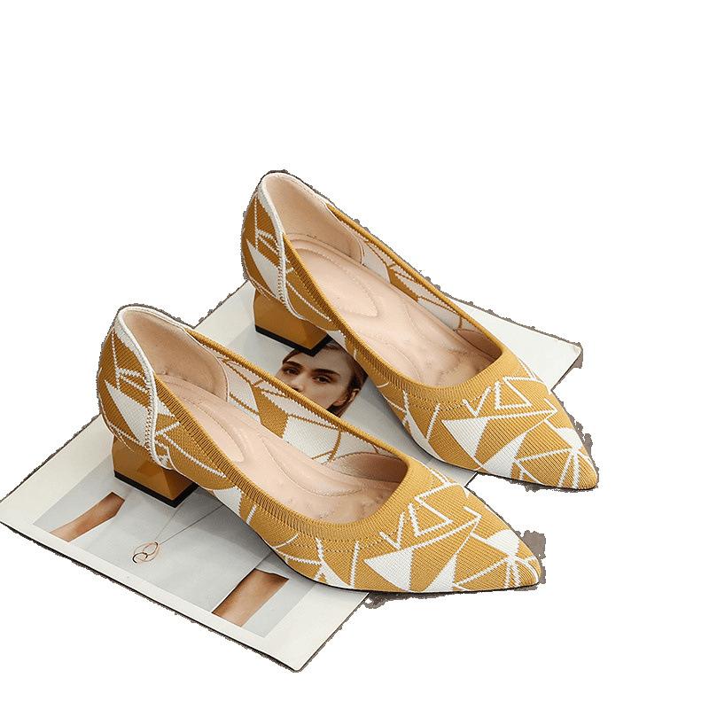 High heels single shoes leopard print flying woven pointed thick heel light mouth medium heel woven high heels women