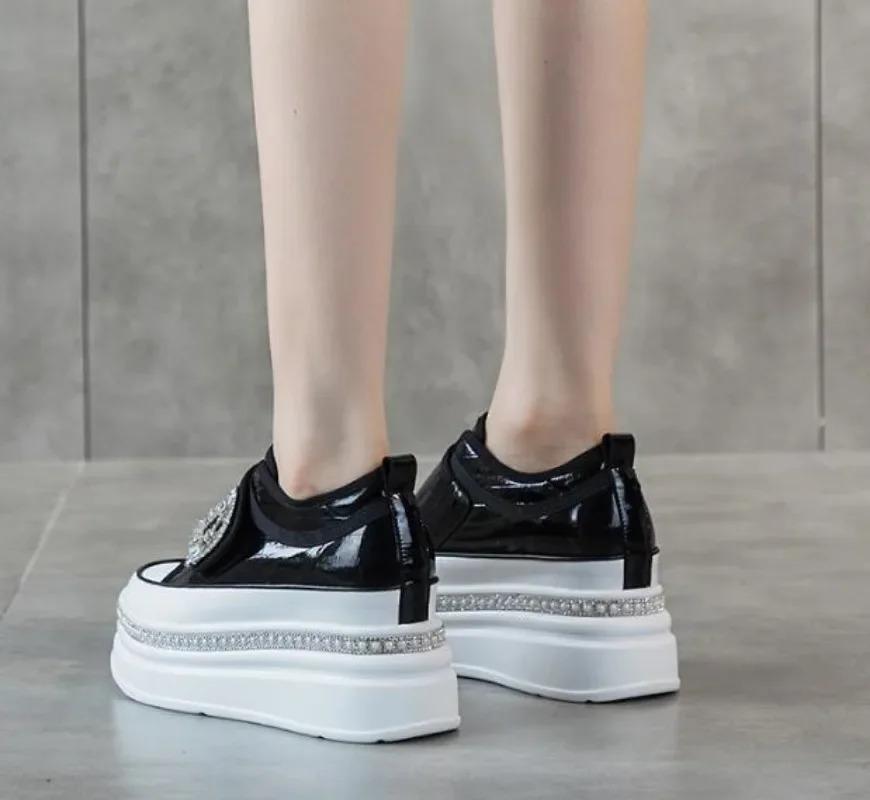Fashion 8cm Women Genuine Leather Sneakers Platform Pumps White Black Wedge Hidden Heel Hook Spring Autumn Bling Shoe Winter Ankle Boots