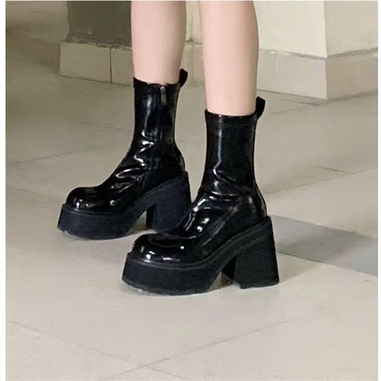 Small super high heel short boots women's autumn waterproof platform thick sole heightening elastic boots thin boots Martin boots knight boots