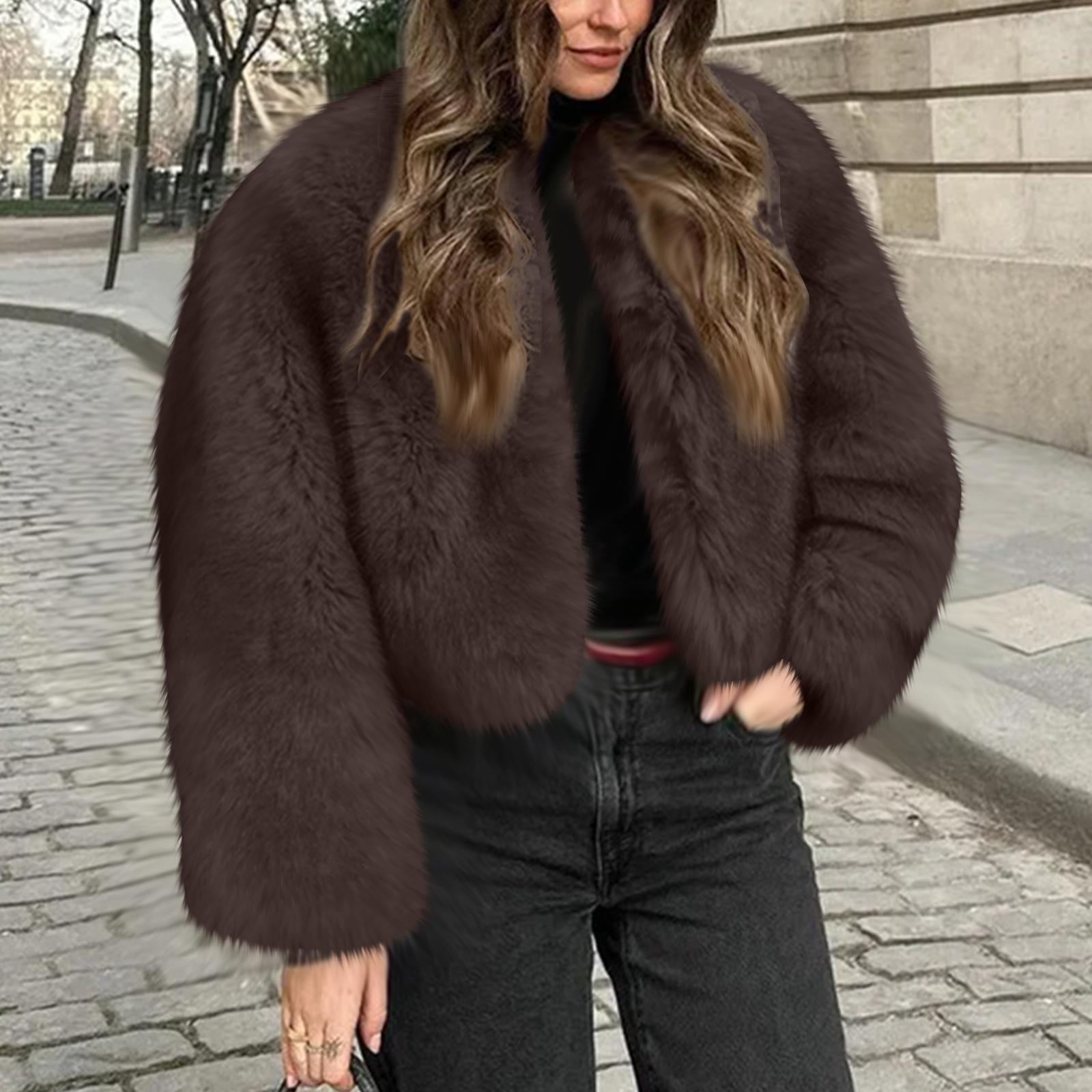 

Women s Fashionable Warm Long Sleeve Solid-Color Furry Coat M кофейный