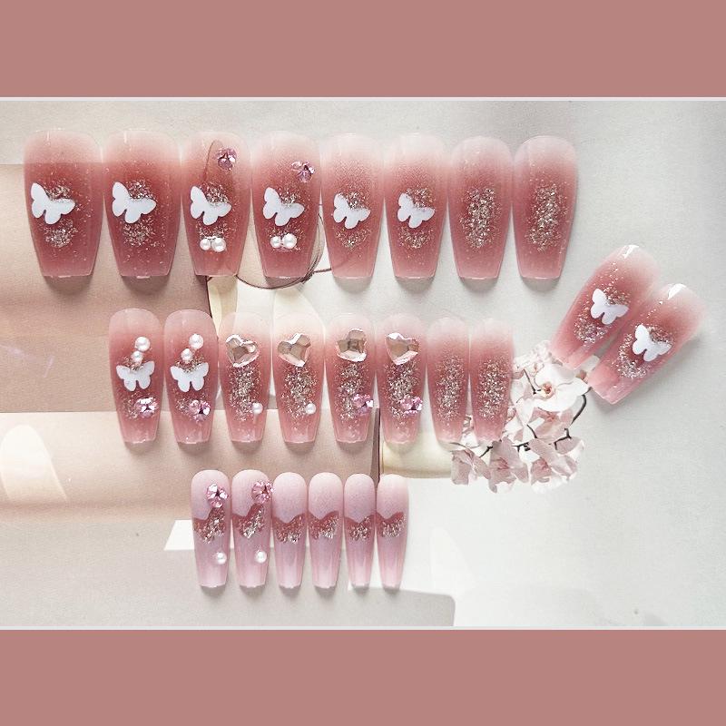 Fairy Butterfly Gradient Detachable Long Wearable Nails with Nail Art Stickers