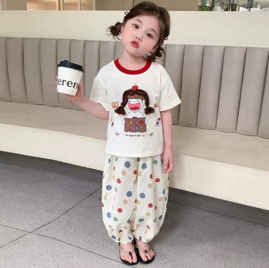Girls Summer Cartoon Polka Dot Short Sleeve 2 Piece Set with Mosquito Repellent Pants 90