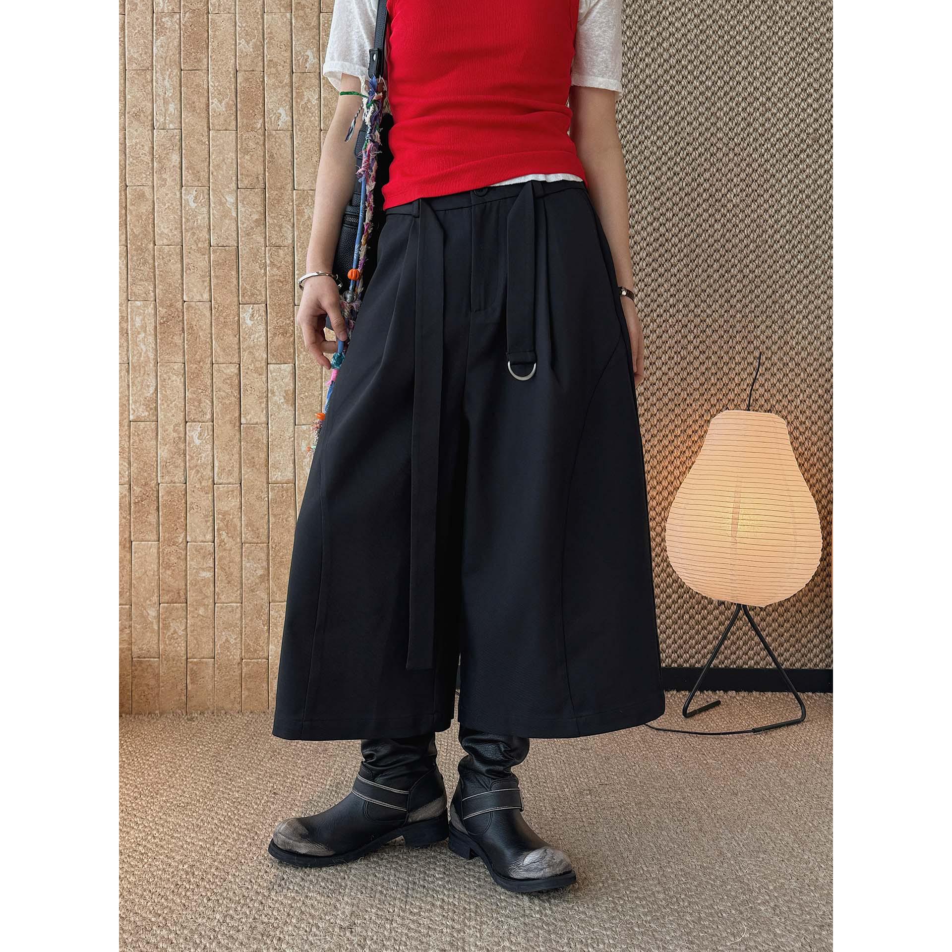 Louvre Spring French Retro High-Waisted Wide-Leg Cropped Trousers with Belt Buckle - Women s Versatile Seven-Point Pants. Medium
