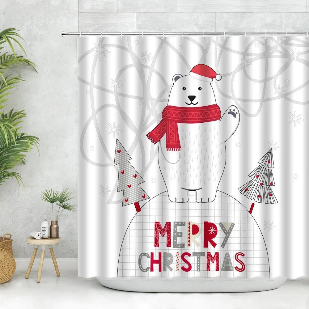 Cartoon Snowflake Snowman Shower Curtains Set Merry Christmas Deer Pine Tree Santa Claus New Year Bathroom Decor Fabric Curtains