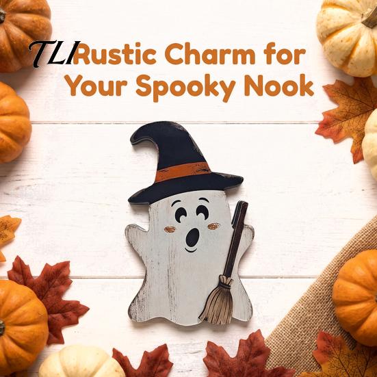 Halloween Living Room Table Decorations Wooden Tabletop Decorative Plaque, Rustic Distressed Wood Art Sign, Cute Autumn Home Accents Ghost Patterns