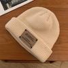 Embroidered Patch Knit Long Knit Long Beige Beanie Hat