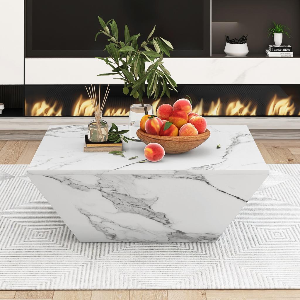 Tavolino da caffè a tamburo moderno, Tavolino da caffè trapezoidale con impiallacciatura in marmo bianco, Tavolo da soggiorno 70*70*37cm