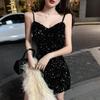 Sequin Camisole Dress with Coat - Women's Autumn/Winter Hip-Wrapping Black Evening Dress