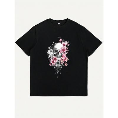 Women Plus Size Round Neck Short Sleeve T-Shirt Skull Floral Black White Geometric Print Breathable Relaxed Fit Casual Streetwear Summer