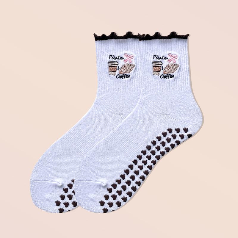 

Носки для йоги, женские до середины икры, профессиональные фитнес, пилатес, спортивные, противоскользящие длинные носки с шортами-акулами, хлопковые носки с мультяшной вышивкой 1 pair