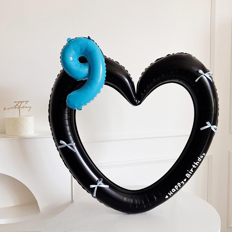 Heart Photo Frame Balloon Foil 0-9 Blue Number with Bowk Stickers for Blue Style Birthday Party Photo Props Wedding Ballon Decor