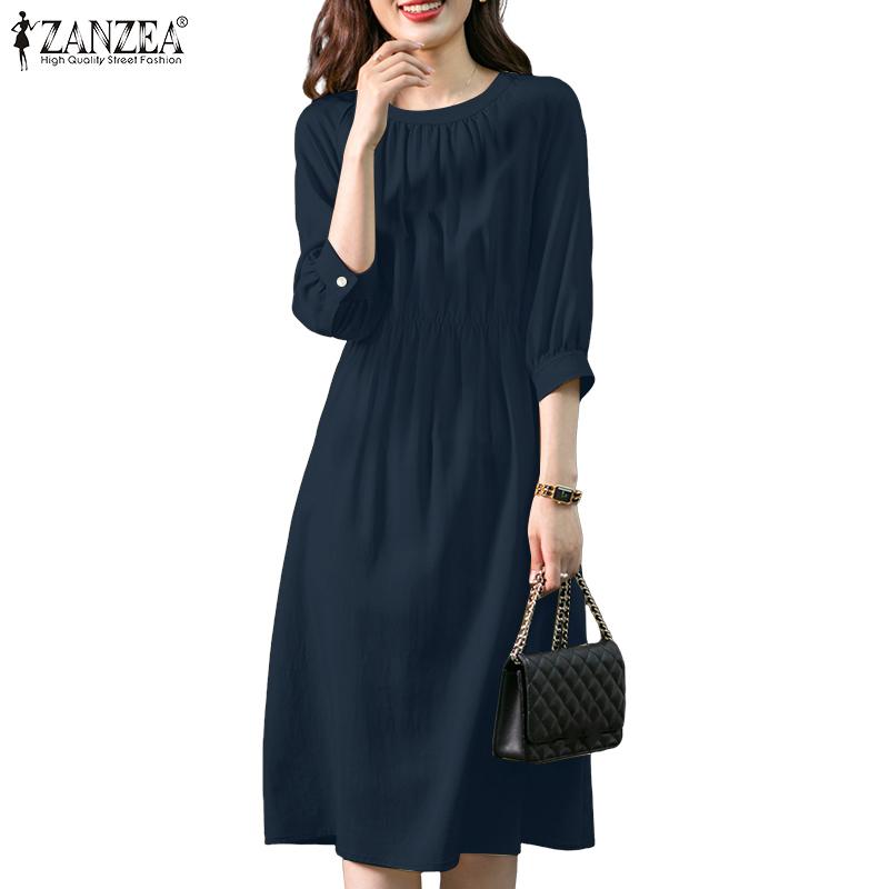 ZANZEA Women Casual Round Neck Loose 3/4 Sleeve Dress