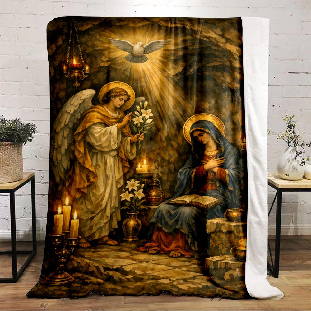 Angel and Virgin with Candlelit AmbianceFlannel blanket for bedroom, living room, sofa, and nap
