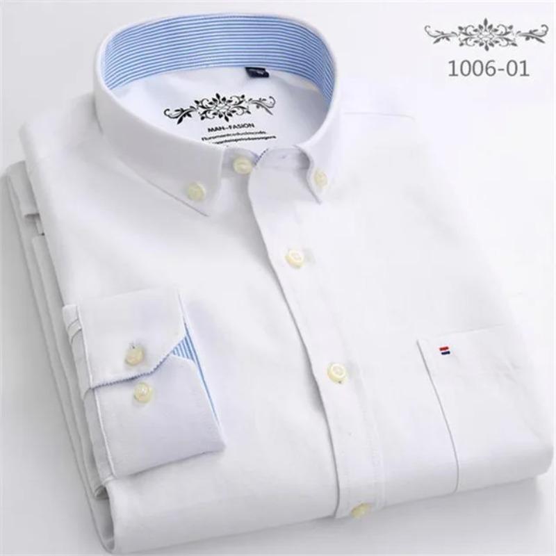 New S-7XLCotton Oxford Shirt For Mens Long Sleeve Plaid Striped Casual Shirts Male Pocket Regular-Fit Button-Down Work Man Shirt