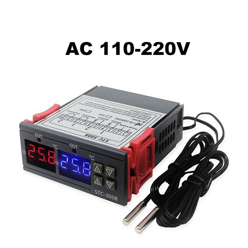 Dual Digital Temperature Controller Thermostat Thermoregulator Incubator Relay LED 12V24V 220V Heater Cooler Dual Probe STC-3008 AC 110V-220V
