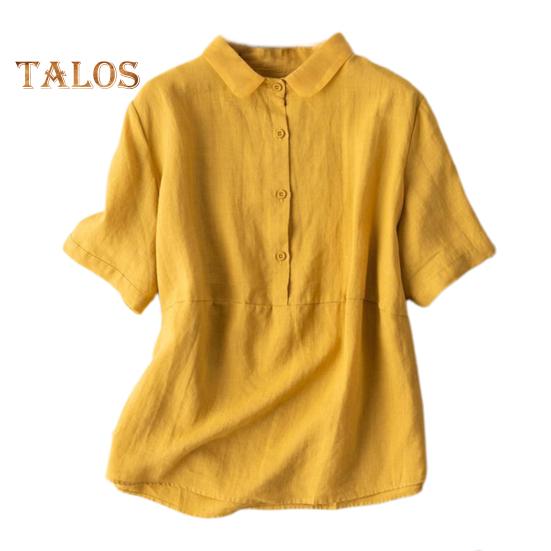 Chemise décontractée pour femmes, col de poupée, boutons, demi-patte de boutonnage, manches courtes, simple boutonnage, couleur unie, coupe ample
