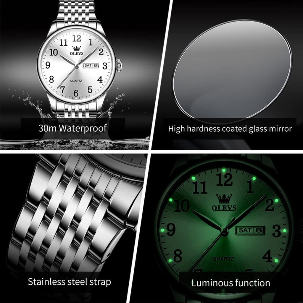 OLEVS Popular Waterproof Analog Metal Band Stainless Steel Day of the Quartz Silver Large Gift Men's Watch, Fashion, Watch, Men's Watch, Watch, Men's