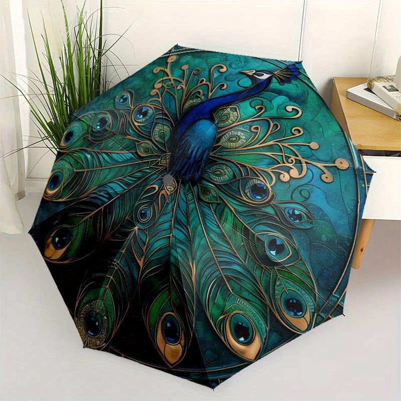 Peacock Feather Mandala Art Print, Vibrant Circular Design for WallsUmbrella with Cute Design, Portable 3-Fold Compact Umbrella for Men & Women, Valen