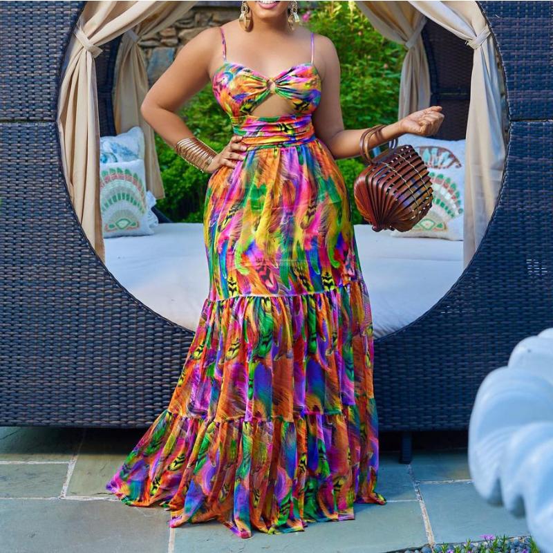 Women's Sexy Spaghetti Strap Colorful Print Maxi Dress, Backless Cut Out High Waist Tiered Beach Vacation Evening Party Gown