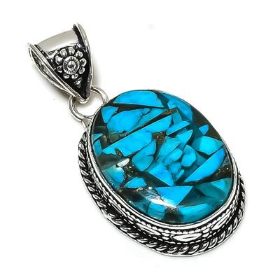 Natural Copper Blue Turquoise Gemstone 925 Sterling Silver Pendant 1.85" O9s60