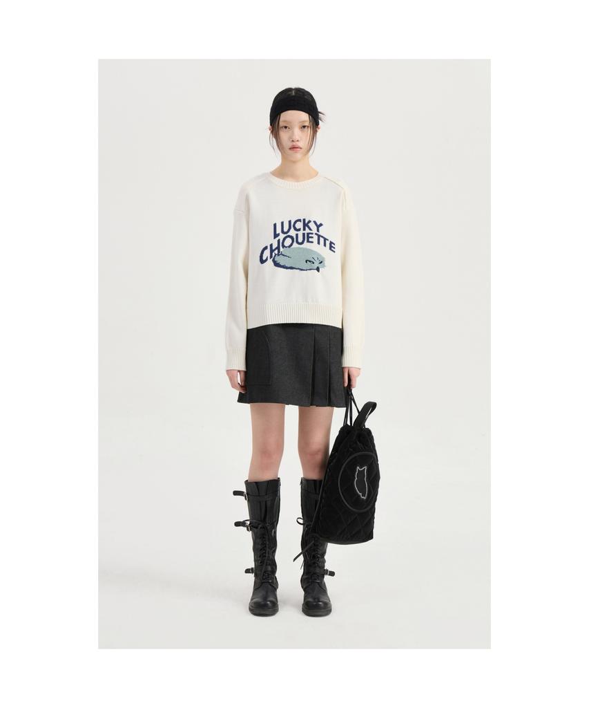 LUCKY CHOUETTE Intarsia Chouette Round Neck Pullover (Ivory)_Lfwas25220Ivx