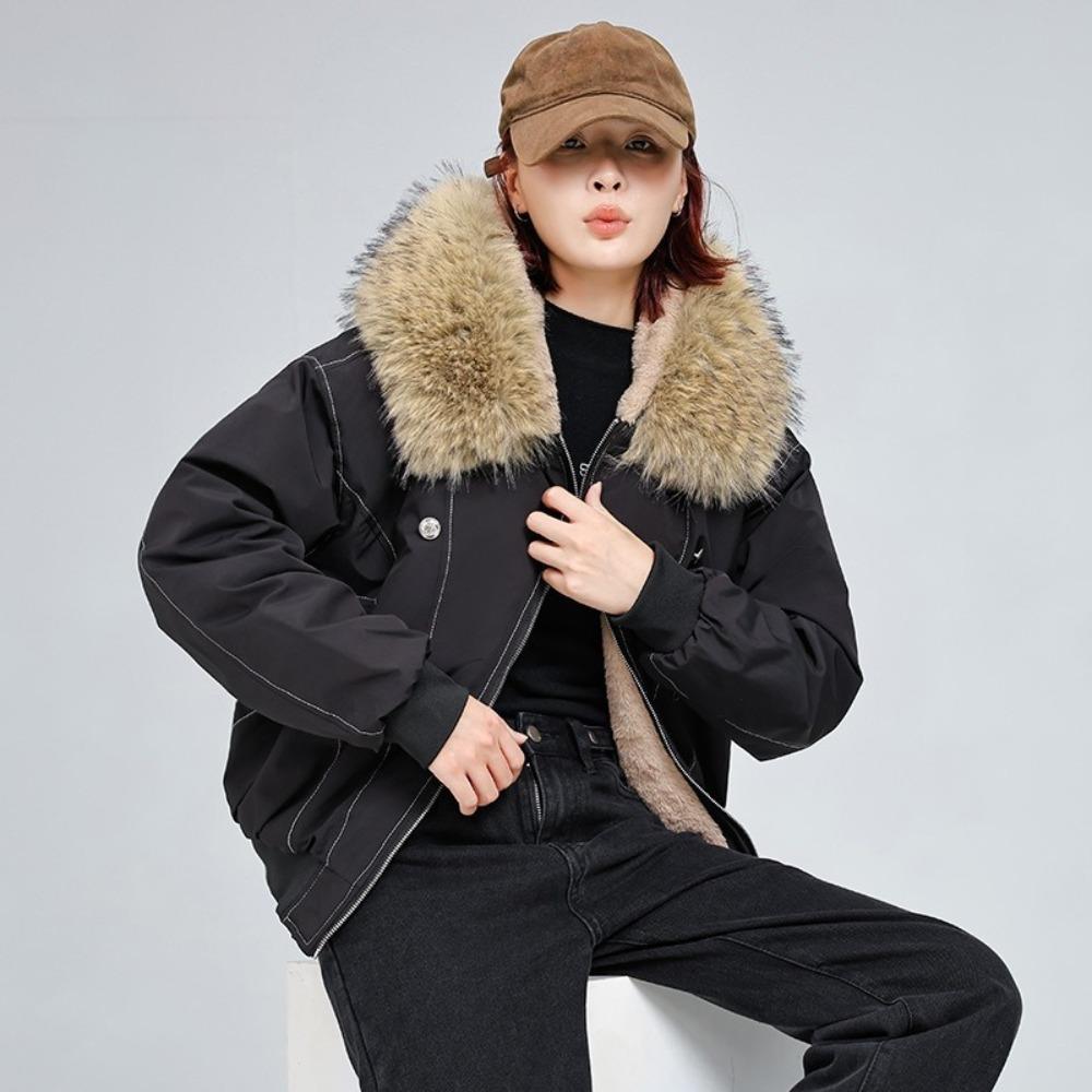 Women Short  Puffer Jacket Large Faux Fur Hood Collar Zip‑Up Stitched Detail Warm Winter Casual Outerwear