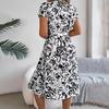 Women Summer V Neck Knee Length Pleated Print Belt Fashion Dress