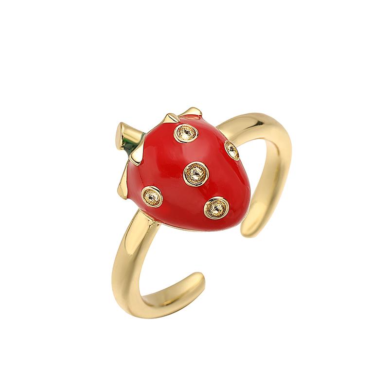 

HECHENG, Enamel Drip Oil Adjustable Opening Red Strawberry Cherry Ring Cute Women s Zircon Wholesale resizable