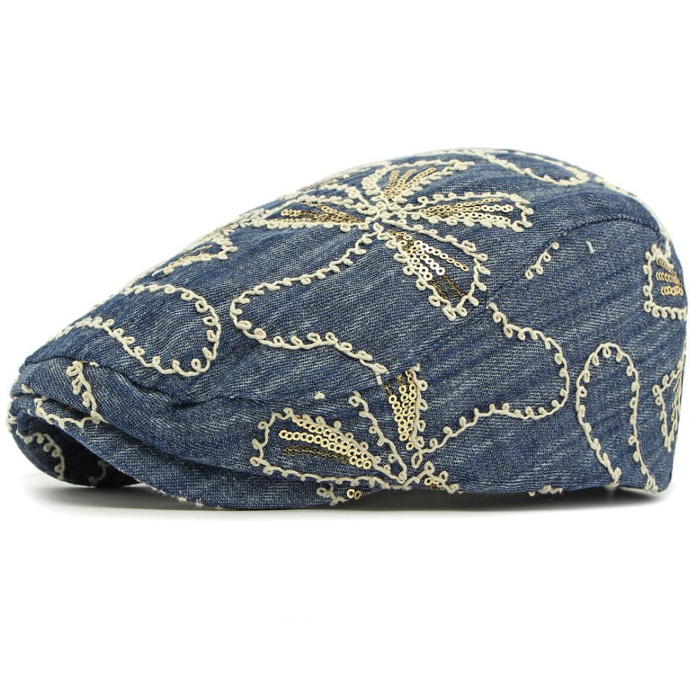 

HT4833 Mens Berets Women Vintage Artist Painter Beret Hat Male Female Sequins Ivy Flat Cap Spring Summer Autumn Denim Beret Cap 55-59cm Adjustable