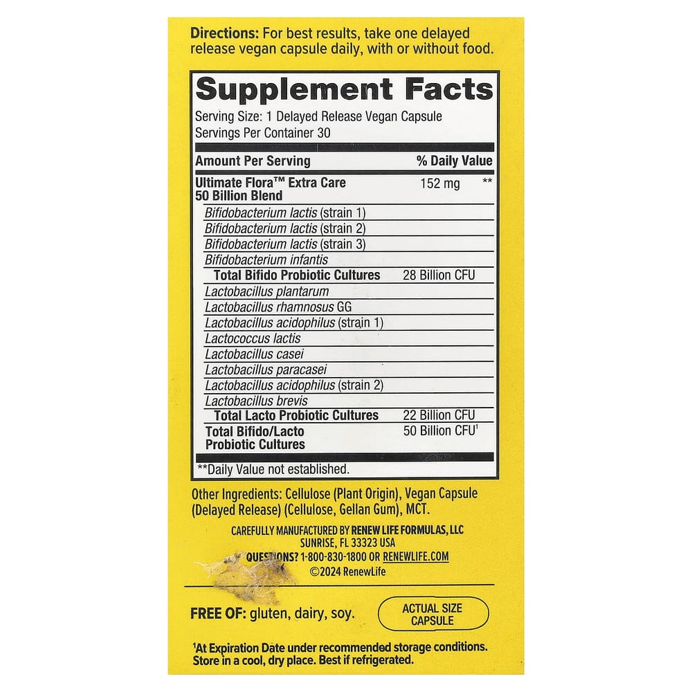 Renew Life Ultimate Flora Extra Care Probiotic 50 Billion Live Cultures Veggie Capsules, 30 Count